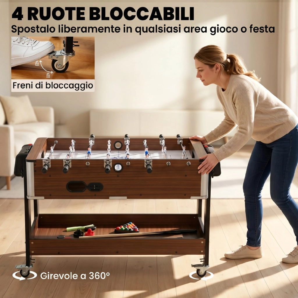 Tavolo da Gioco 3 In 1 Air Hockey Biliardo Calcio Balilla 102,5x61,5x65 cm Ruote Bloccabili Ripiano in MDF Effetto Noce