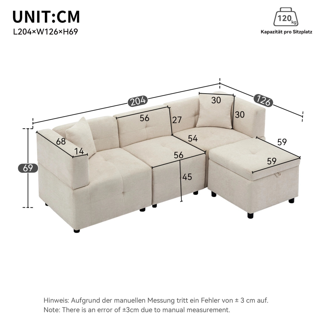 Divano modulare 3 posti ULEVR in ciniglia beige con pouf contenitore e 2 cuscini, 204x126 cm