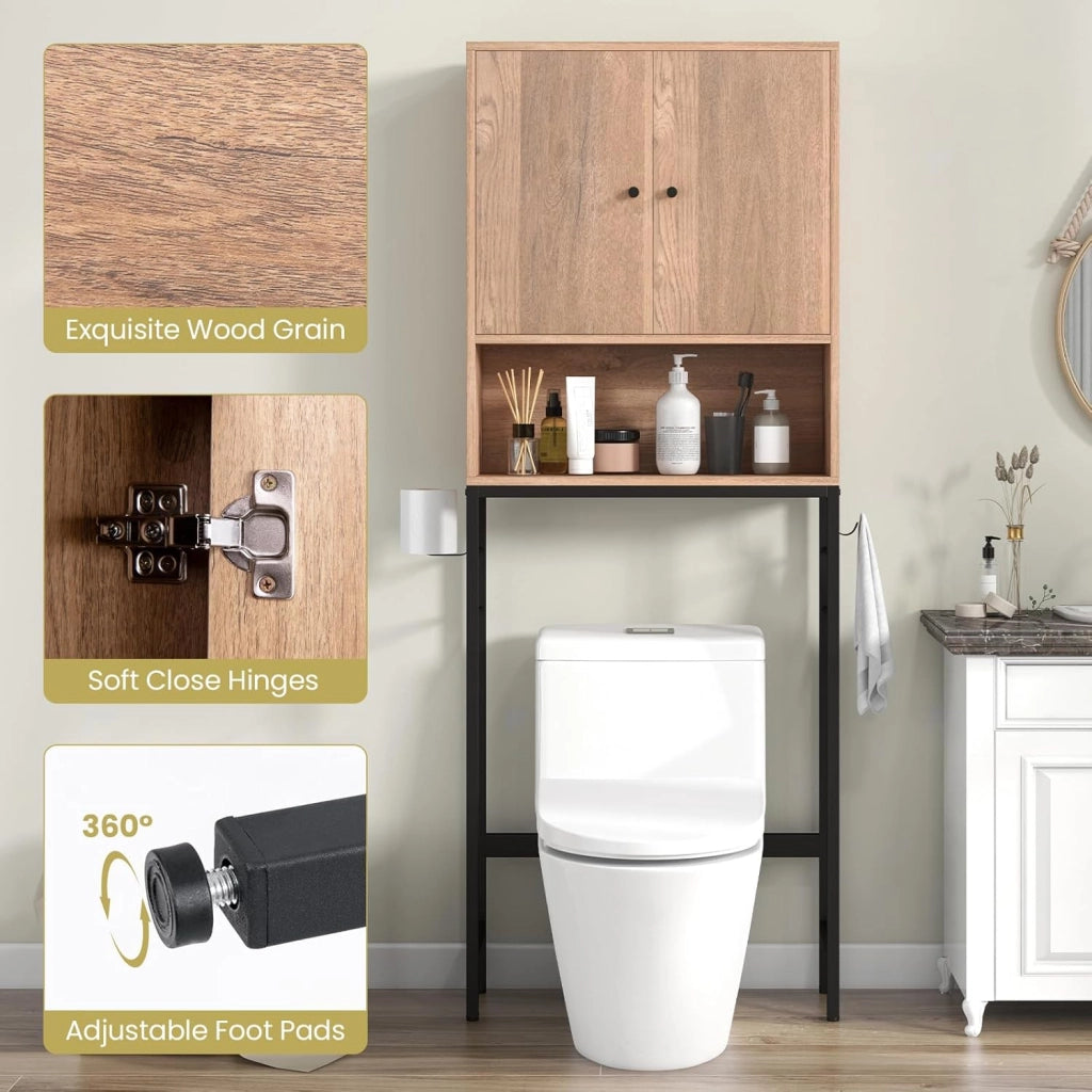 Armadio per Stoccaggio Sopra il WC, Organizzatore da Bagno con Armadietto a Doppia Porta, Scomparto Aperto, Mensola Regolabile a 5 Livelli e Barra Inferiore Regolabile (Naturale)