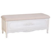 Sgabello imbottito in legno laccato bianco antico 120x43x48h cm