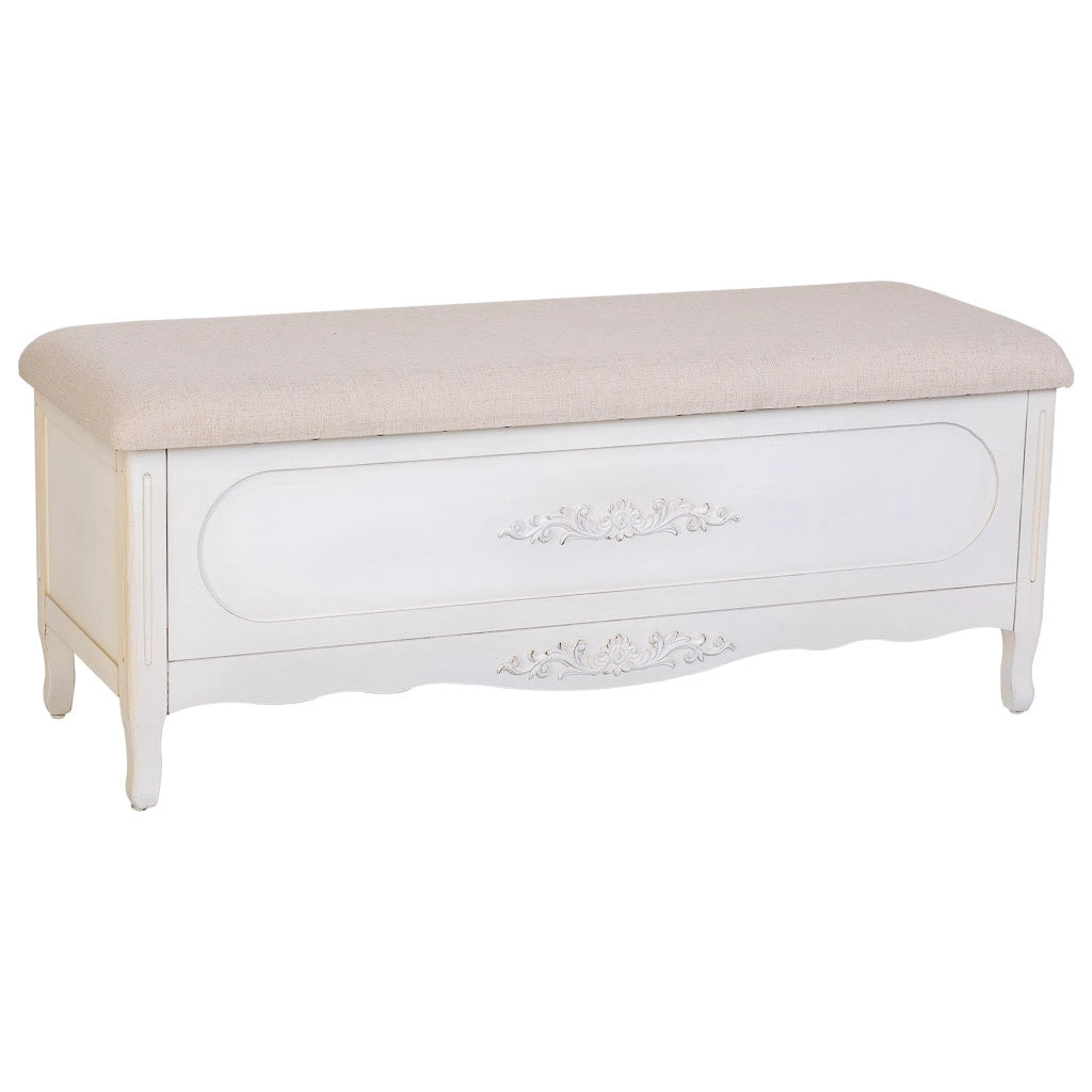 Sgabello imbottito in legno laccato bianco antico 120x43x48h cm