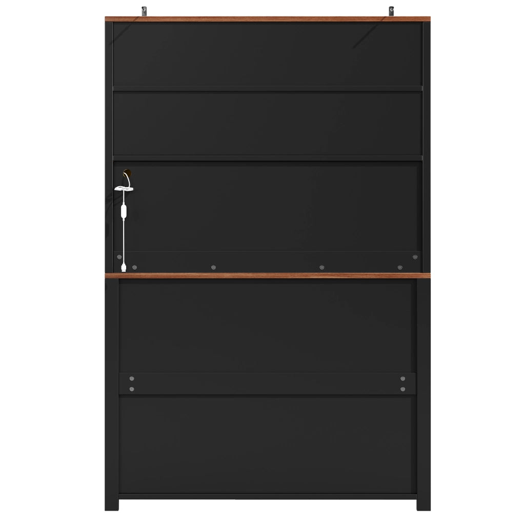 Credenza da cucina alta con ante scorrevoli e LED, struttura in MDF e metallo, nera, 115 × 40 × 174,7 cm