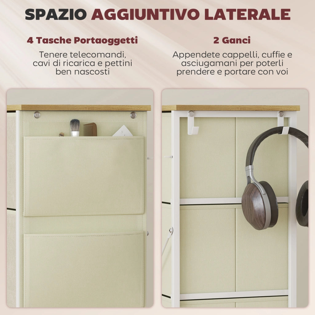 Cassettiera 4 Cassetti Pieghevoli 45x30x94,5 cm Struttura in Acciaio e Tessuto Beige