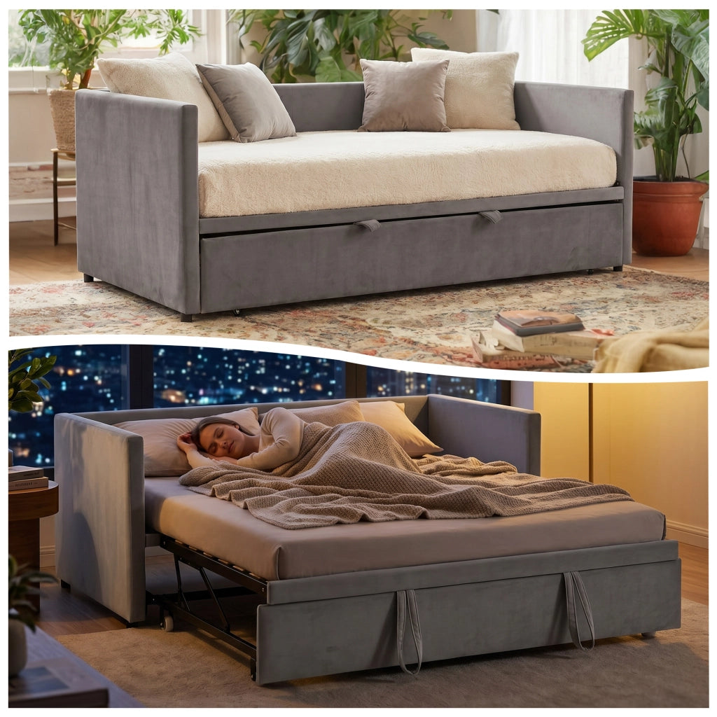 Divano letto matrimoniale 90/180x200cm;3 in 1 Letto divano estraibile;Velluto;Grigio