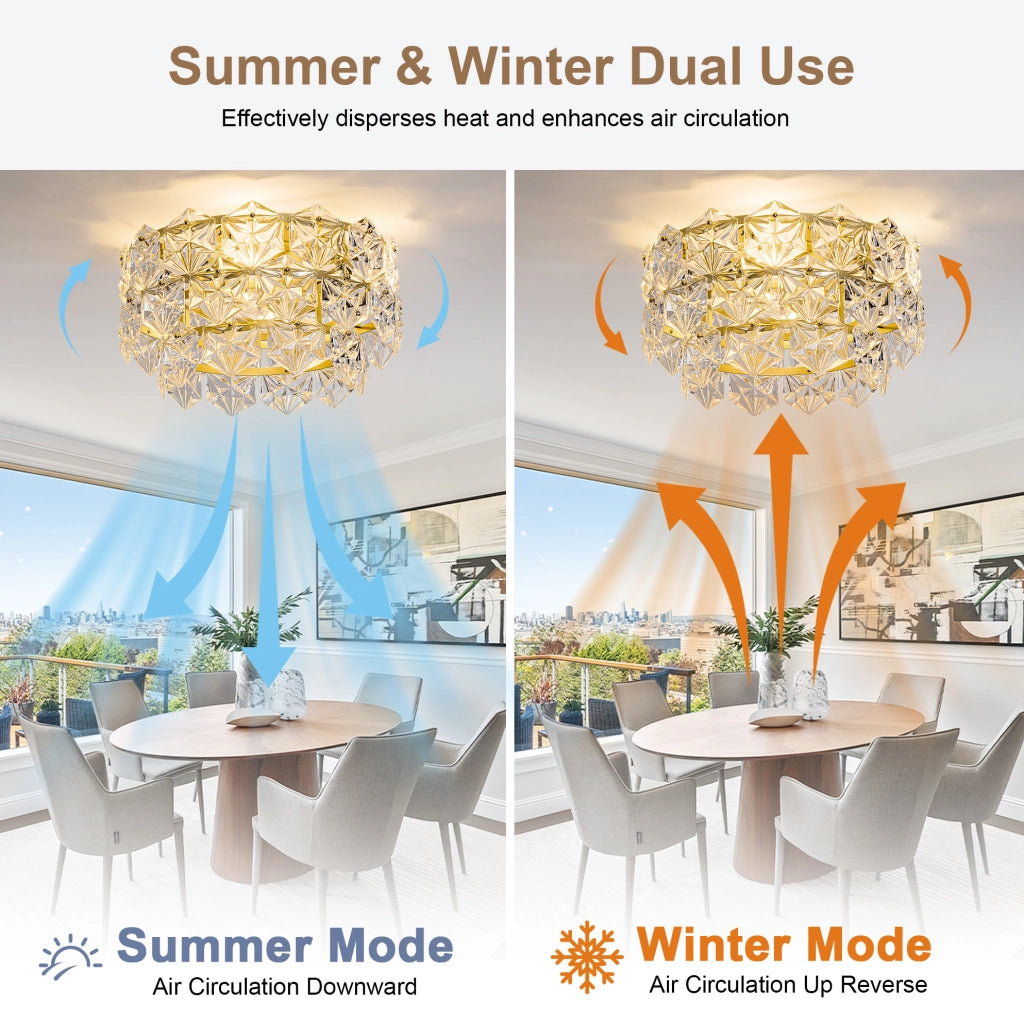 Ventilatore da soffitto con luce e cristalli; 52 cm; oro satinato in metallo e vetro