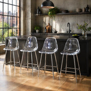 Set di sgabelli da bar trasparenti con struttura in metallo, design moderno per cucina e zona pranzo