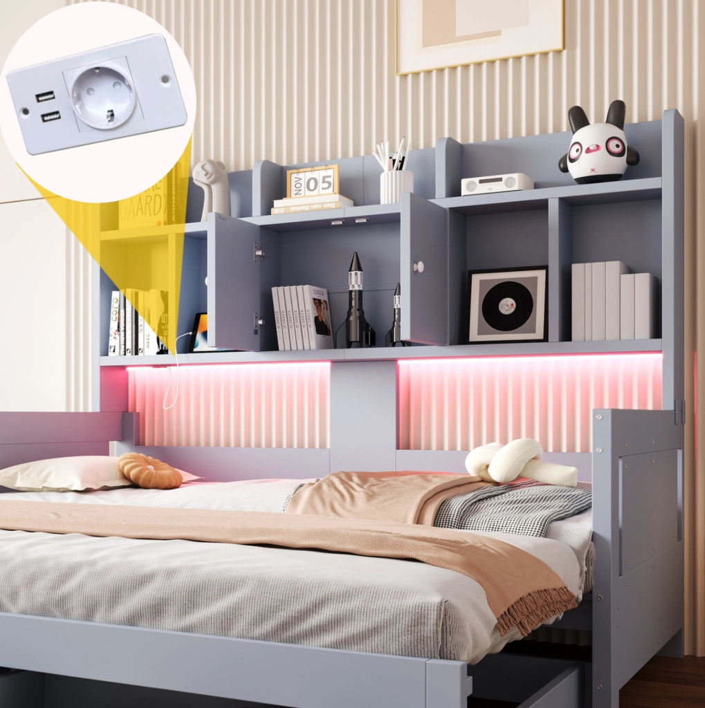 Divano letto estraibile 90x190/180x190 cm con cassetti; LED e prese; grigio