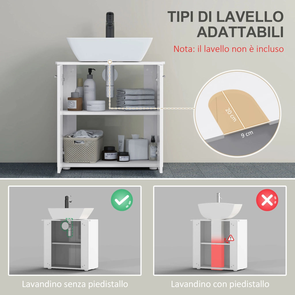 Mobile Sottolavabo Bagno 2 Ante Salvaspazio Legno Mensola Regolabile ¨C Zephmum ¨C Bianco Lucido
