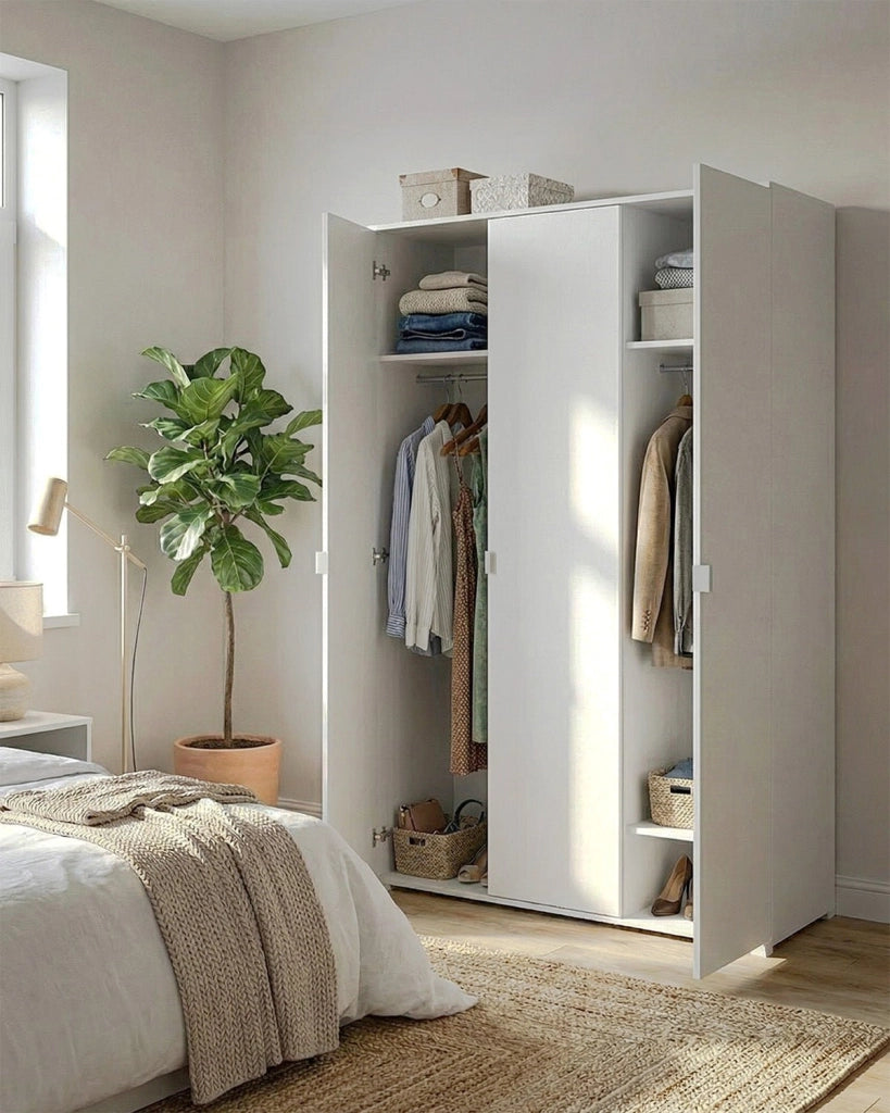 Armadio Dracaena - Guardaroba moderno - 3 anta - Struttura bianca - 2 ripiano incluso - 120 x 52 x 177 cm_