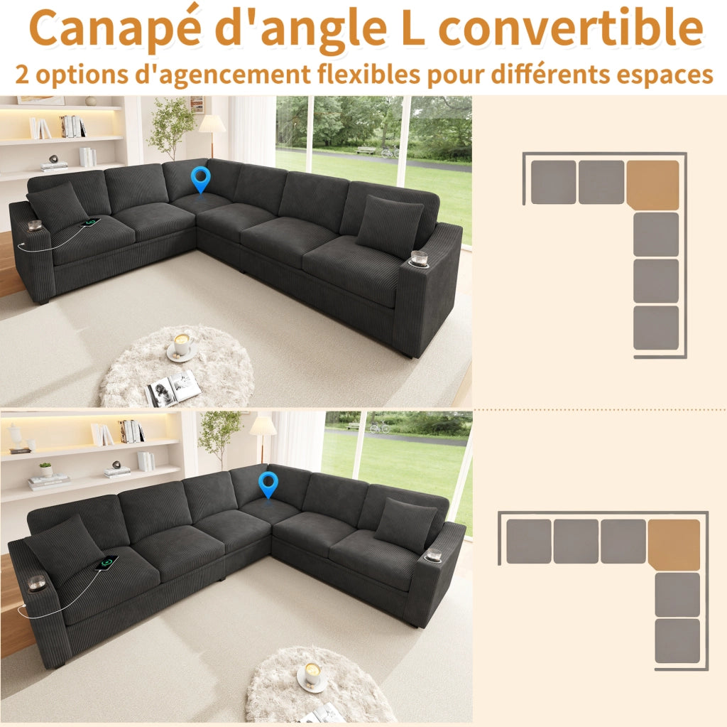 Divano angolare modulare 6-7 posti 277x215 cm con USB-C e portabevande; velluto a coste grigio