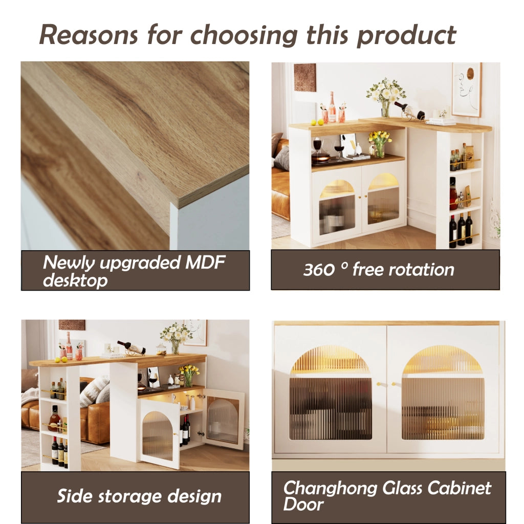 OKWISH Tavolo Estensibile con Ripiani Portaoggetti, Rotazione 360 e LED, per Sala da Pranzo, MDF, Bianco, 138-193 x 39 x 105 cm