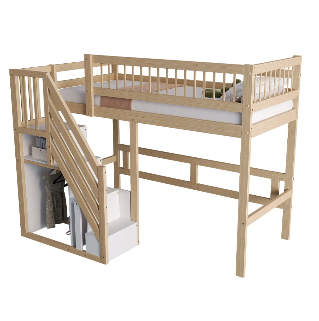 LETTO singolo 90x200 cm con scala contenitore, legno naturale