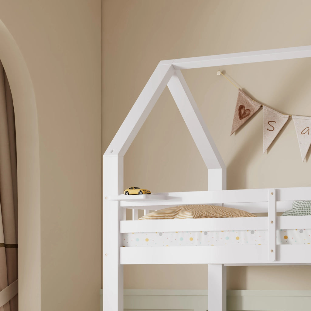 Letto a castello per bambini con scala contenitore, due cassetti su ruote e design con tetto, bianco, 90x200 cm e 140x200 cm