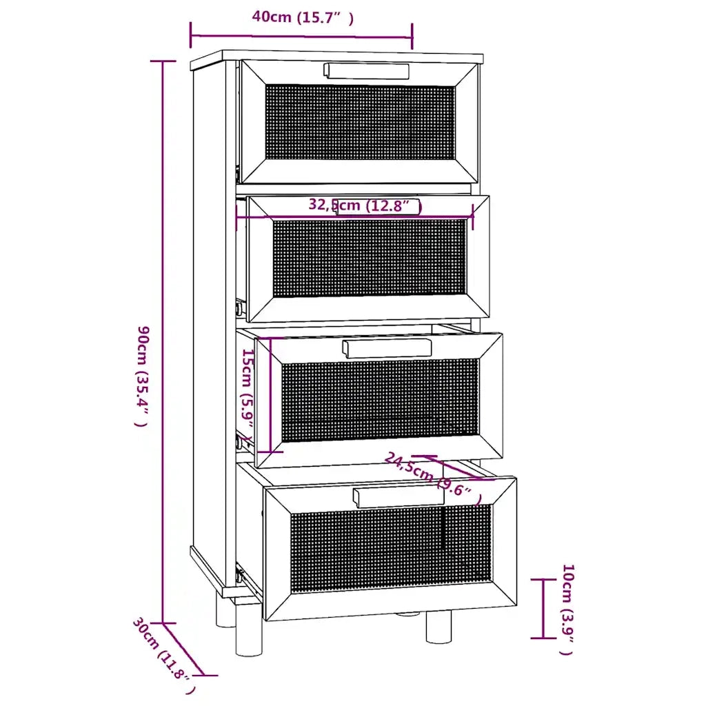 Credenza Bianca 40x30x90cm Legno Massello Pino Rattan Naturale cod mxl 22791