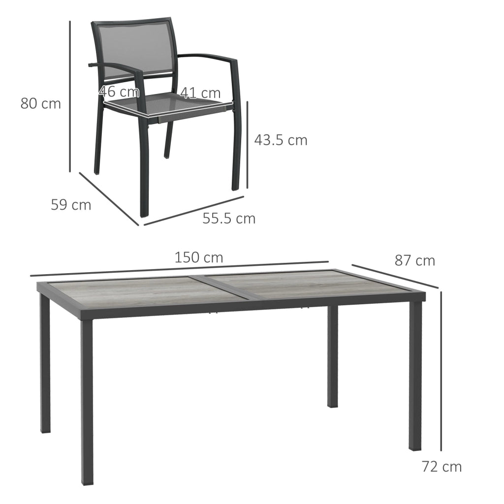 Set Tavolo e 6 Sedie Impilabili da Giardino in Tessuto a Rete e Tavolo Effetto Legno Grigio