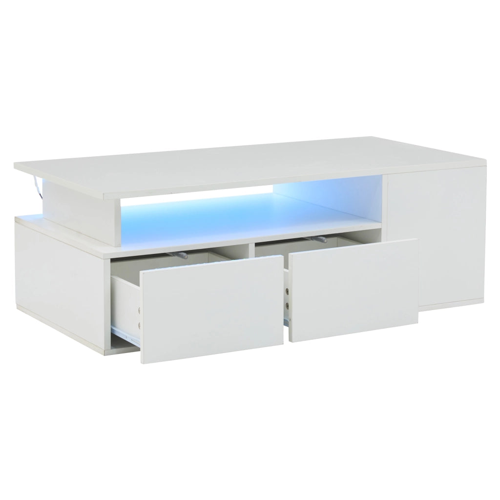 Tavolino da Salotto con 2 Cassetti e LED; Contenimento a 3 Livelli; Bianco Lucido; in Truciolare; 100×50×35 cm