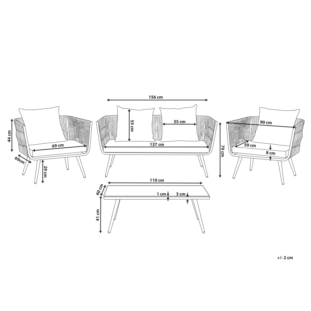Set conversazione da giardino in rattan sintetico grigio da esterno a 4 posti con cuscini per tavolini