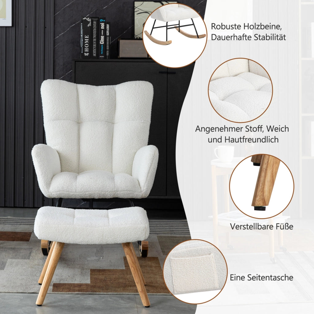 Sedia a dondolo bianca con pouf e struttura in legno