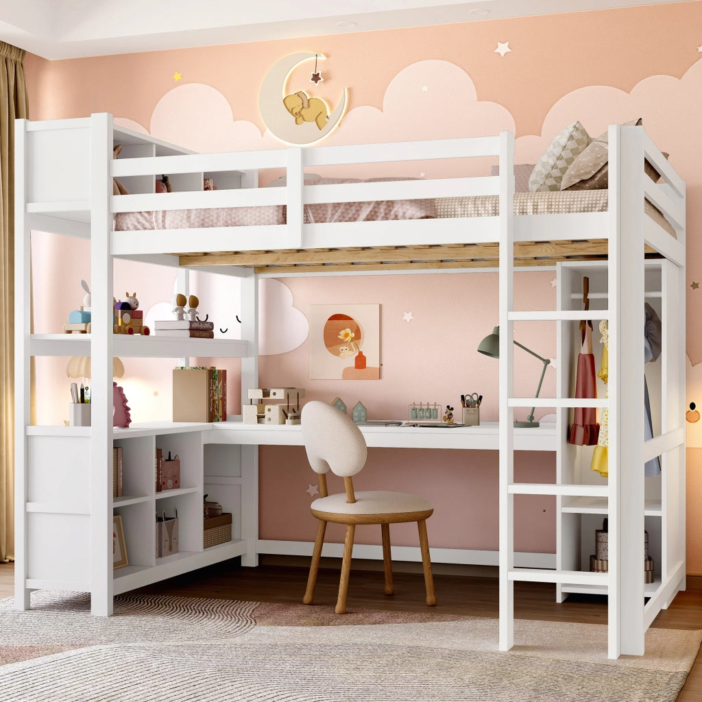 LETTO A SOPPALCO 140x200 cm con scrivania, scaffali e armadio, bianco