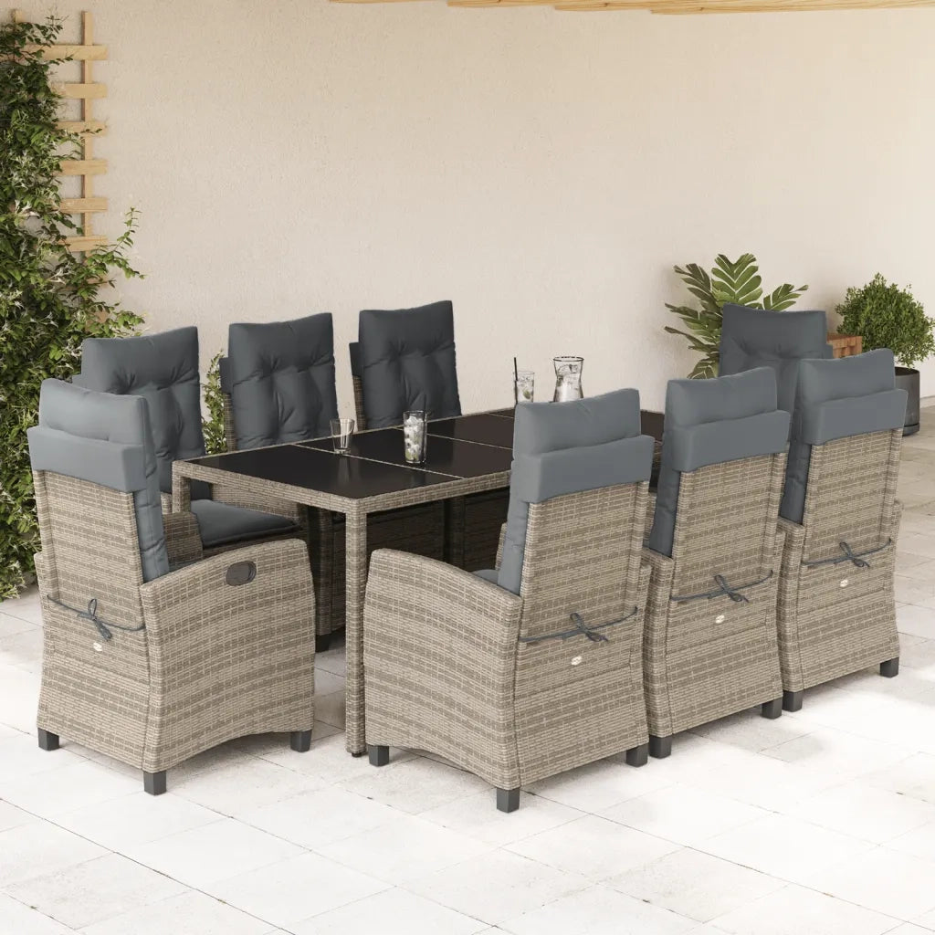 Set da Pranzo da Giardino 9 pz con Cuscini in Polyrattan Grigio