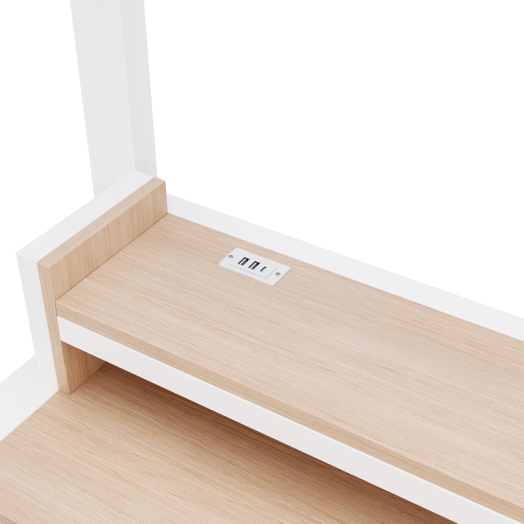 Letto a soppalco 90 × 200 cm in metallo e MDF con scala e ripiano, USB tipo C e luce LED bianca con sponde di sicurezza