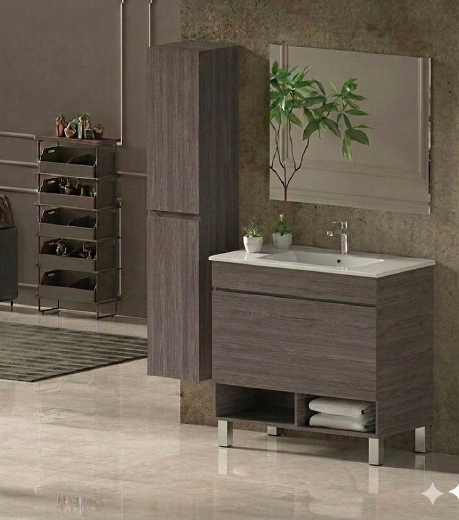 Mobile Bagno NEBARI com gambe Già Montato 1 cassetto, lavabo e specchio Rovere affumicato 80x45 cm con colonna