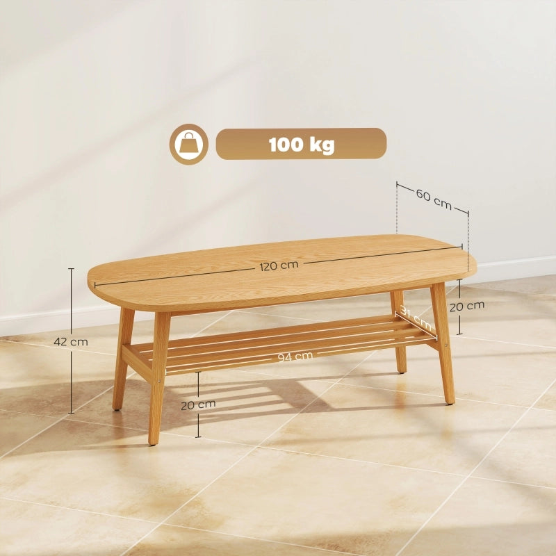 Tavolino basso ovale con ripiano inferiore, per soggiorno e uso quotidiano, 120 × 60 × 42 cm, effetto legno naturale