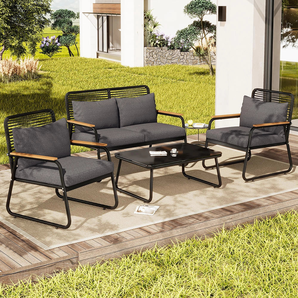 Set giardino - Xylo - 4 posti ferro zincato+tavolo vetro nero