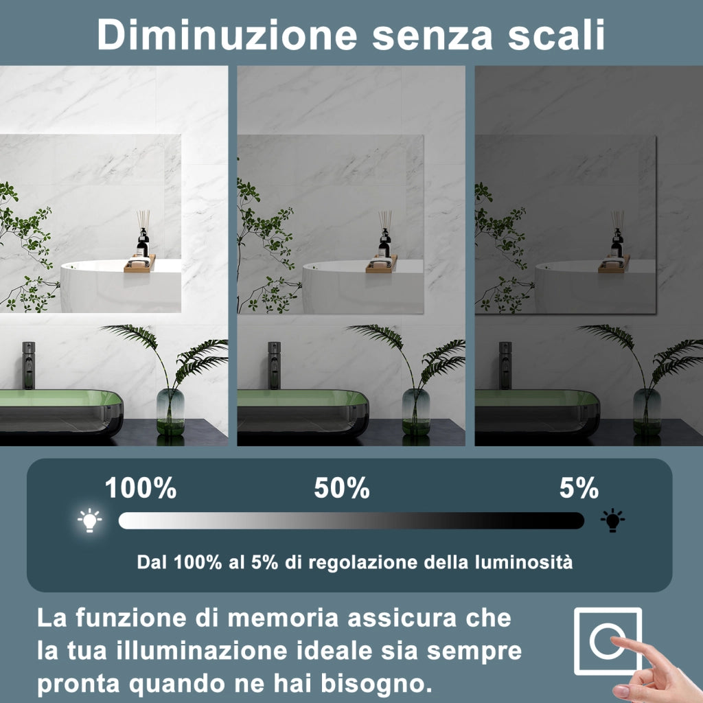 AICA Specchio 100x60cm,Memoria, Antifog,Regorabile,Retroilluminato,doppio interruttore