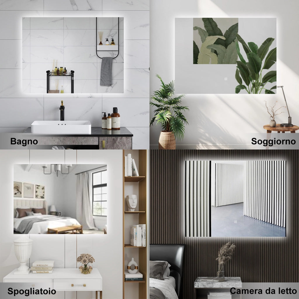 AICA Specchio da bagno 100 x 60 cm, antiappannamento, dimmerabile, interruttore touch, Funzione Memoria