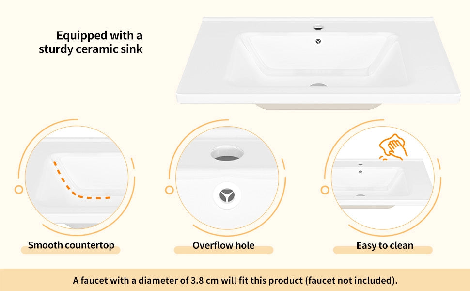 Mobile Bagno con Lavabo in Ceramica ¨C MINIMAL ¨C Bianco/Oro, Cassetti, Sottolavabo
