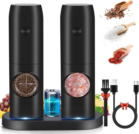 Peper- e Sale stel con base di ricarica USB - Regolazione della grana - Illuminazione a LED - Cucina per barbecue ristorante