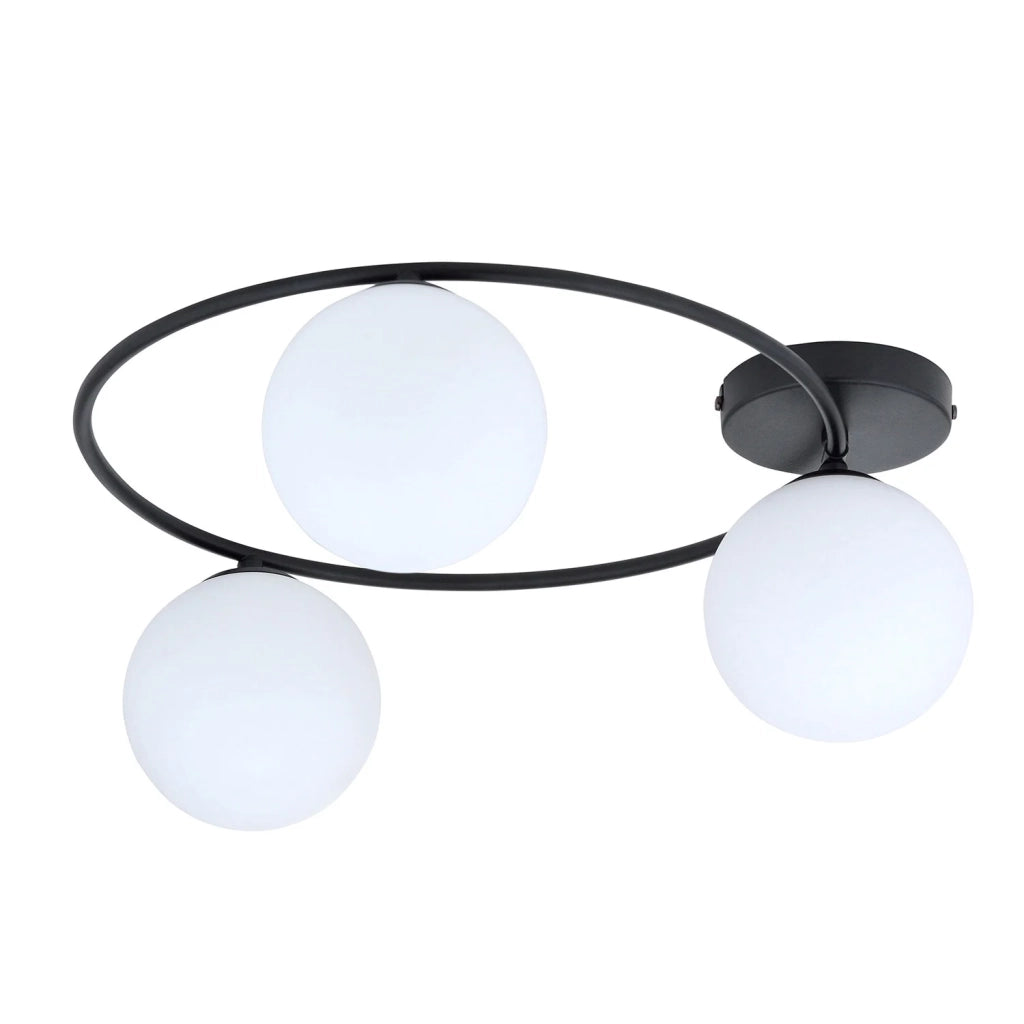 Plafoniera Minimal 3 Luci Perseo In Acciaio Nero E Sfere In Vetro Bianco