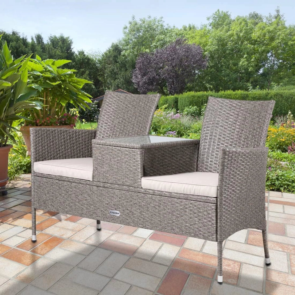 Panchina da Esterno con Tavolino Polyrattan DivanettoCon Cuscini Resistente alle Intemperie