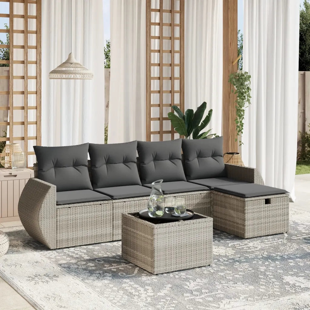 Set Divano da Giardino 6pz con Cuscini Grigio Chiaro Polyrattan