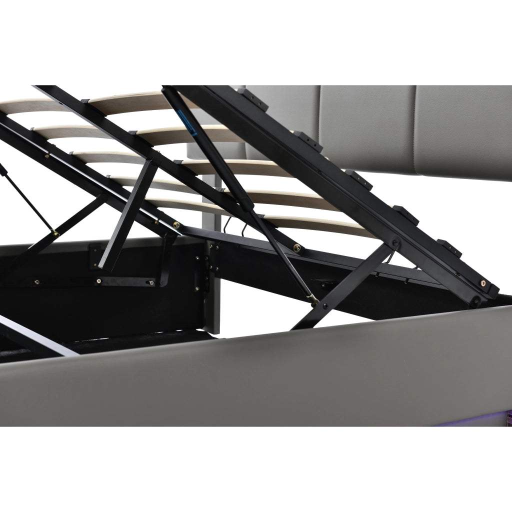 Letto contenitore matrimoniale 140×200 cm con LED e rete sollevabile; senza materasso; grigio