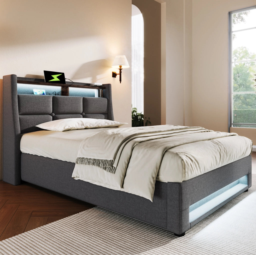 Letto imbottito 90x200 cm con LED, USB e vano contenitore