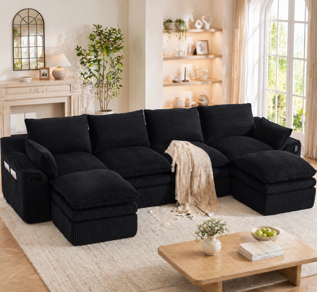 Divano modulare 4 posti in velluto con 2 pouf, cuscini e tasche laterali, schiuma a tre strati con molle, colore nero