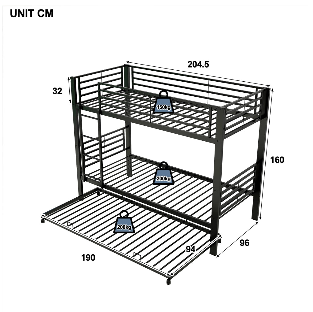 Letto a castello in metallo 90x200 cm con letto estraibile 90x190 cm; nero