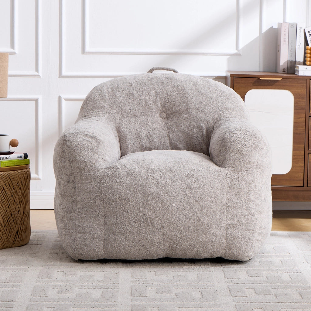 Pouf in pelliccia sintetica con braccioli e imbottitura in schiuma sminuzzata, senza montaggio, grigio chiaro