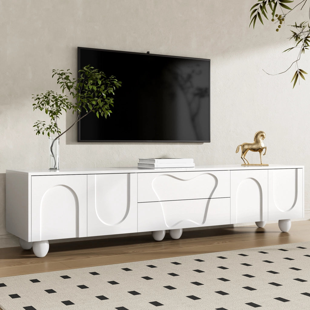 OKWISH Mobile TV con Ante e Cassetti, Gambe in Legno Massello, Stile Minimalista, per Soggiorno, PB, Bianco, 180×40×42 cm