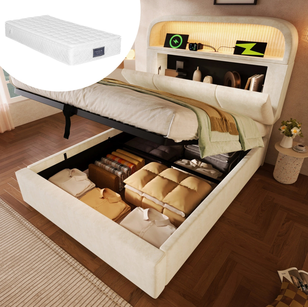 Letto singolo imbottito 90x200 cm con testiera regolabile; contenitore; LED e ricarica USB Type-C; beige