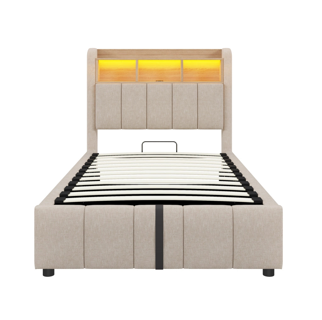 Letto imbottito ULEVR 90x200 cm beige con contenitore idraulico, LED regolabili, USB e Type-C