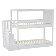 Letto a castello 90×200 cm; letto 3 posti con 2 cassetti; scala di sicurezza e vani; senza materasso; in legno bianco