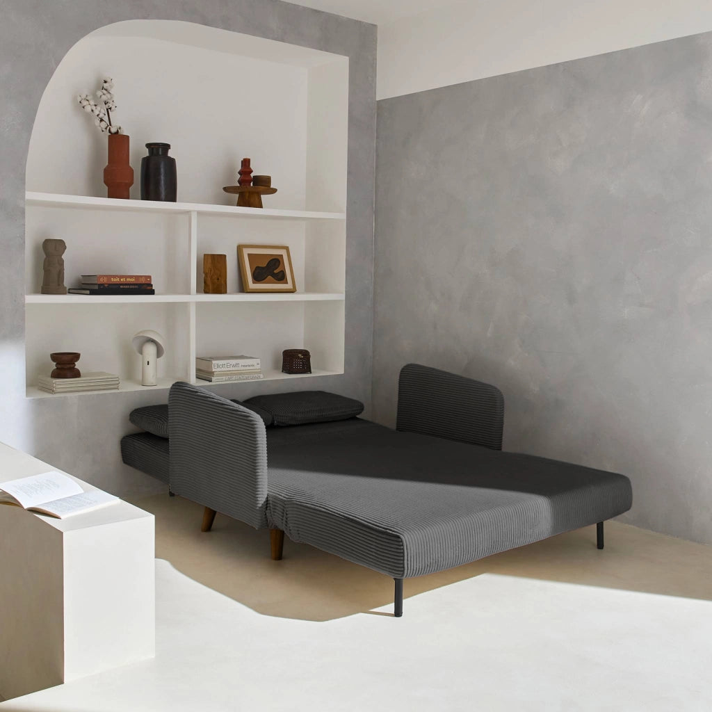 Divano letto in velluto a coste con gambe in legno, 2 posti, grigio