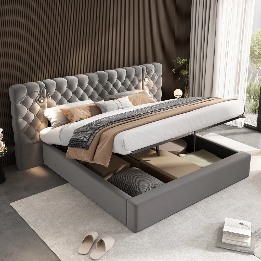 OKWISH Letto Contenitore 160×200 cm, Letto Matrimoniale con Sollevamento Idraulico, LED Regolabile, Lampada da Lettura e Testiera Ampia, senza Materasso, in Velluto, Grigio