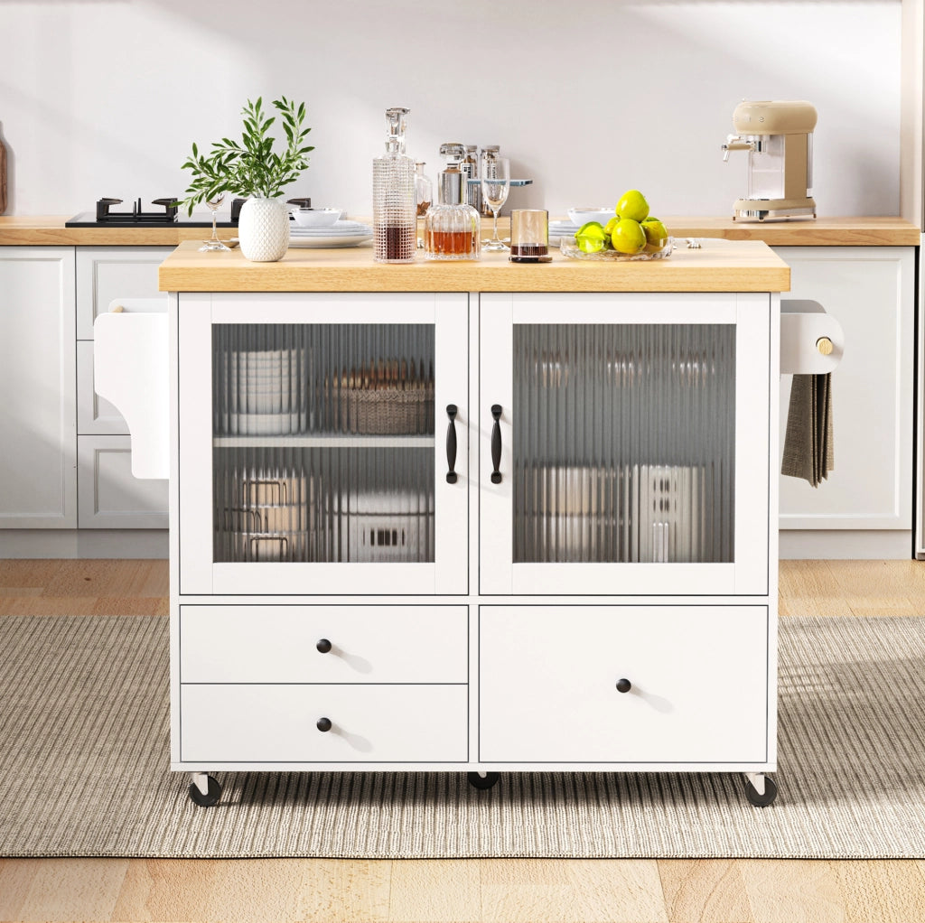 Isola cucina mobile 100x42-70x91,5 cm bianca e naturale con contenitore
