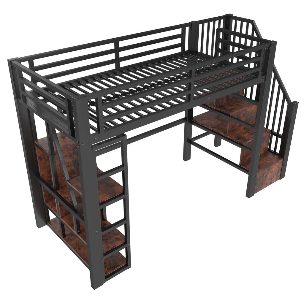 Letto a soppalco 90x200 cm in metallo e MDF con LED; ripiani e scala contenitore nero