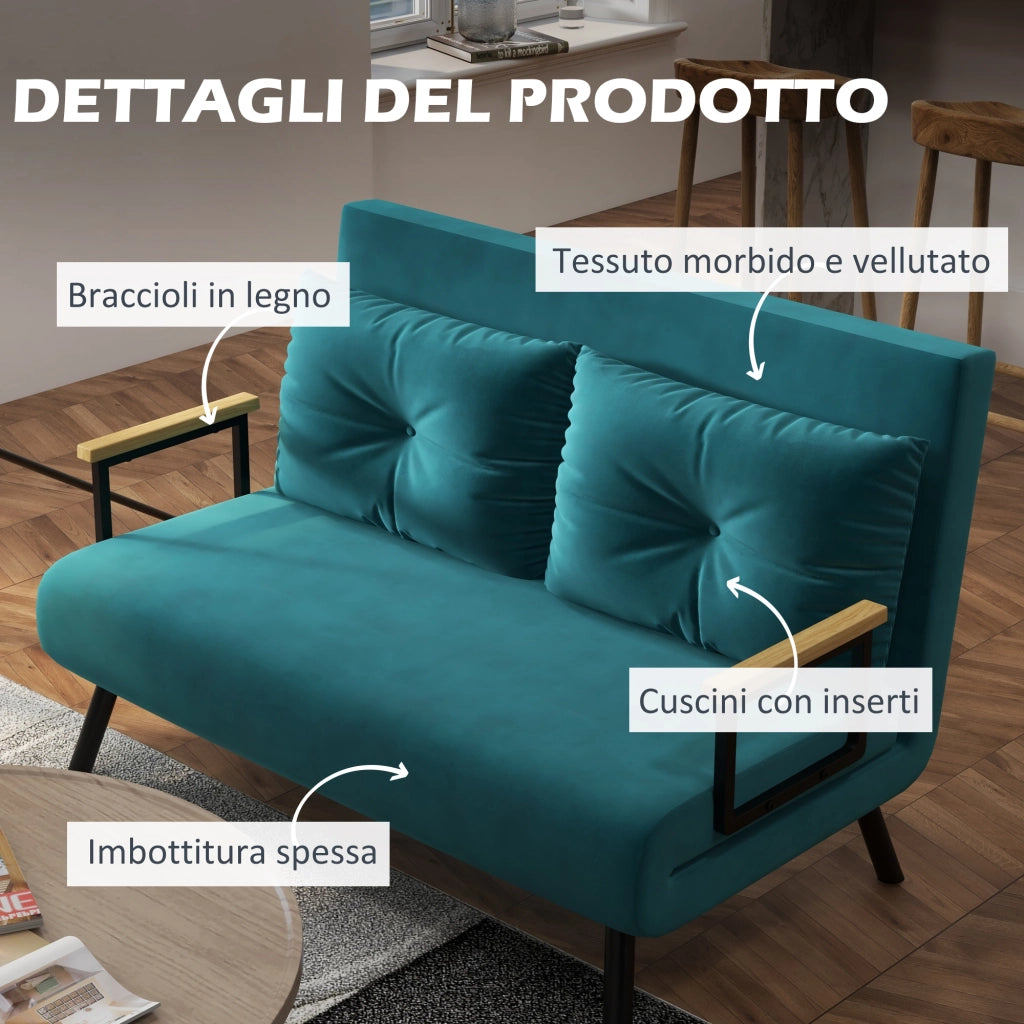 Divano Letto Matrimoniale 3 in 1 Vellutato con Schienale Regolabile in 5 Livelli e Cuscini, Blu Scuro
