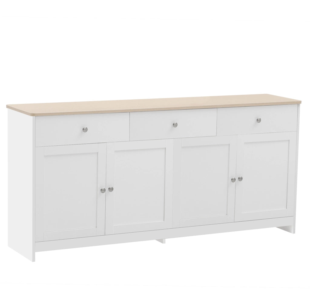 Credenza 160x37x75 cm bianca e color legno in MDF, 4 ante e 3 cassetti